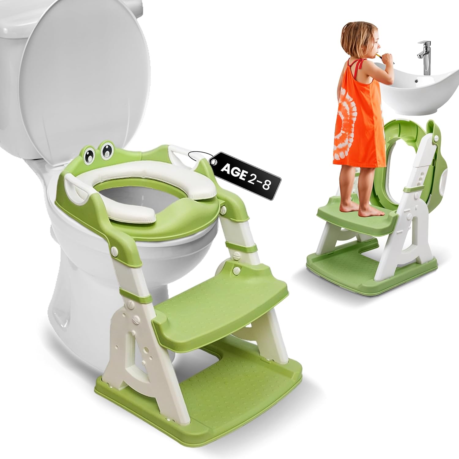 2-in-1 Potty Training Seat: Toddler Potty Training Toilet, Toddler Step Stool for Boys Girls! Potty Training Seat with Splash Guard, Anti Slip Pad & 5 Levels Height Adjustments! (Green)