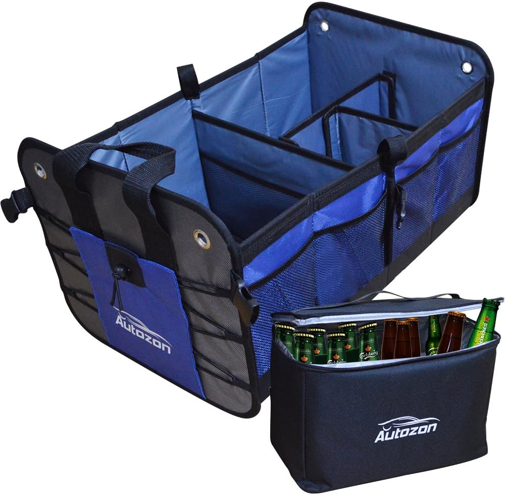 Premium Car Trunk Organizer – Collapsible Cargo Storage Container for SUV, Car, Truck, Van, Home, Auto with Insulation Cooler Bag. Durable Anti-slip/Waterproof Bottom, by Autozon