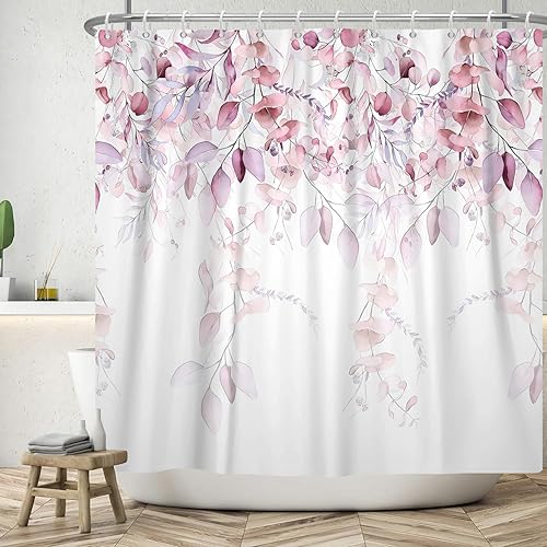 Miniatura 3 de Cortina de ducha con textura floral de acuarela rosa, cortina de ducha floral verde salvia para baño, bonita cortina de ducha moderna de tela