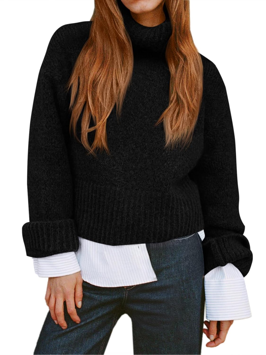 Saodimallsu Womens Turtleneck Fuzzy Sweaters Long Sleeve Chunky Knit Casual Loose Warm Fall Winter Pullover Sweater
