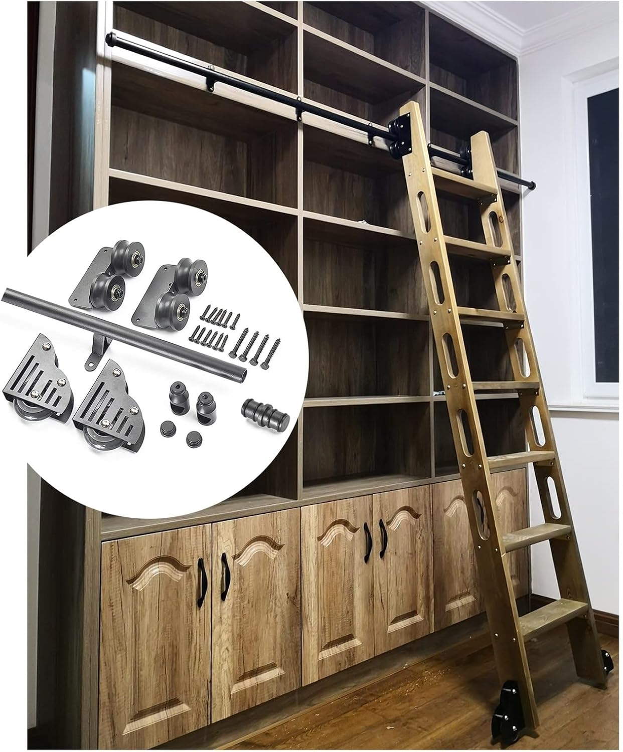Sliding Ladder Hardware Kit, Rolling Library Ladder Hanging Track, 3.3Ft-19.7Ft Black Round Tube Mobile Ladder Rail with Floor Roller Wheels/100Cm/3.3Ft,500Cm/16.4Ft