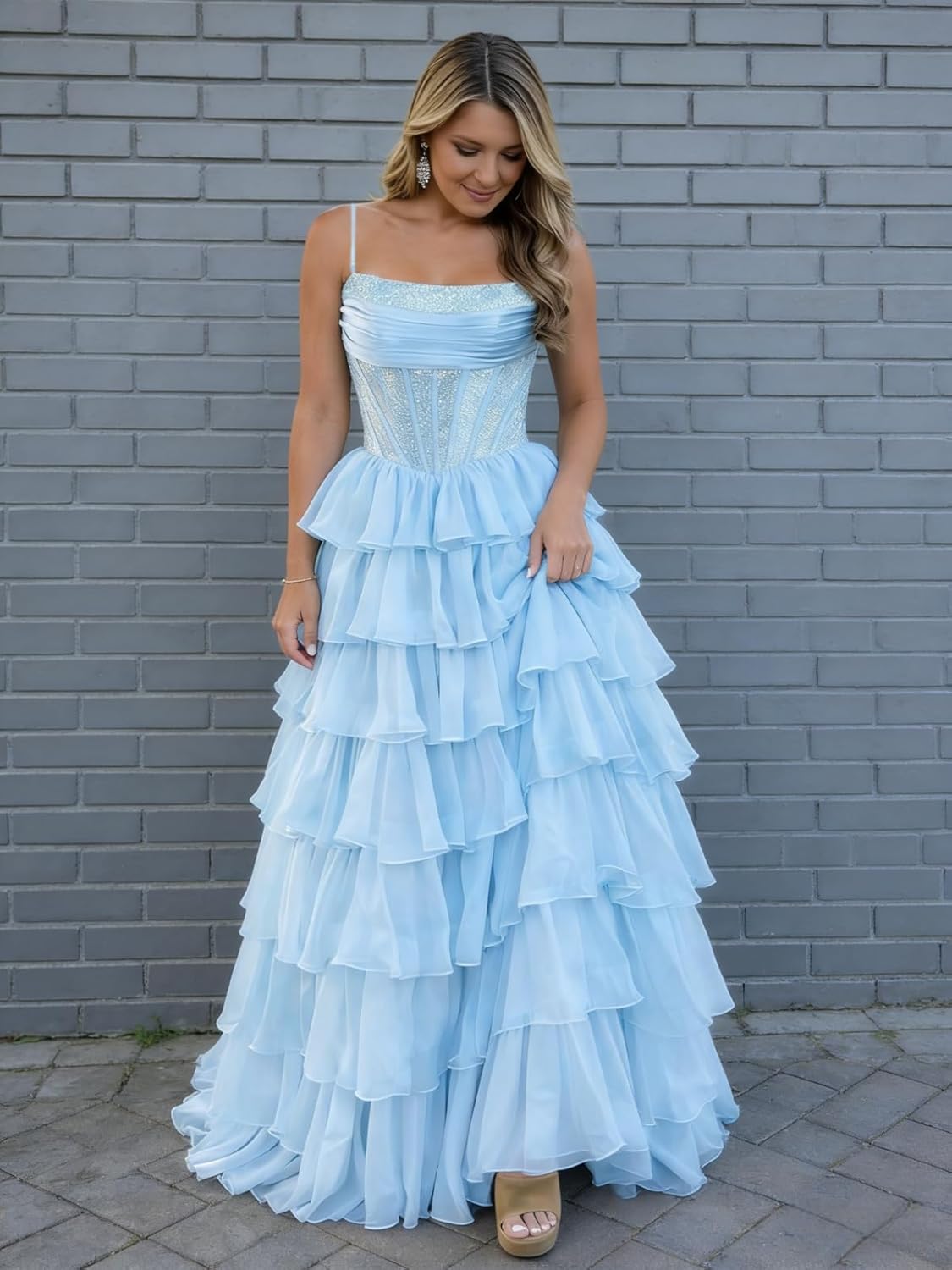 Tiered Prom Dresses Long Ball Gown Ruffle Spaghetti Strap Sparkly Formal Evening Party Dress for Women ksy266