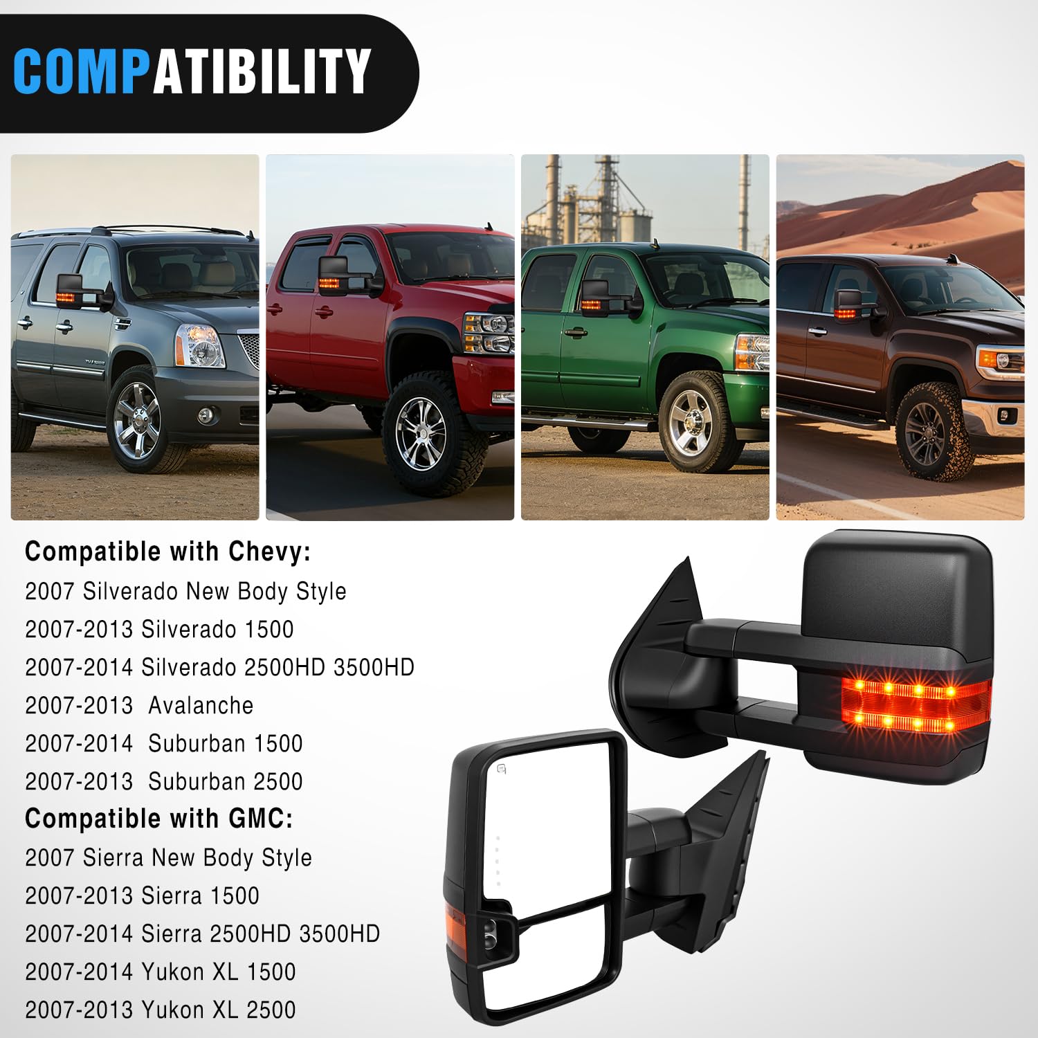 Nilight Towing Mirrors Turn Signal Reverse Puddle Lights Power Heated Adjustable Glass Manual Telescoping Folding Compatible With 2007-2014 Chevy Silverado GMC Sierra Yukon XL