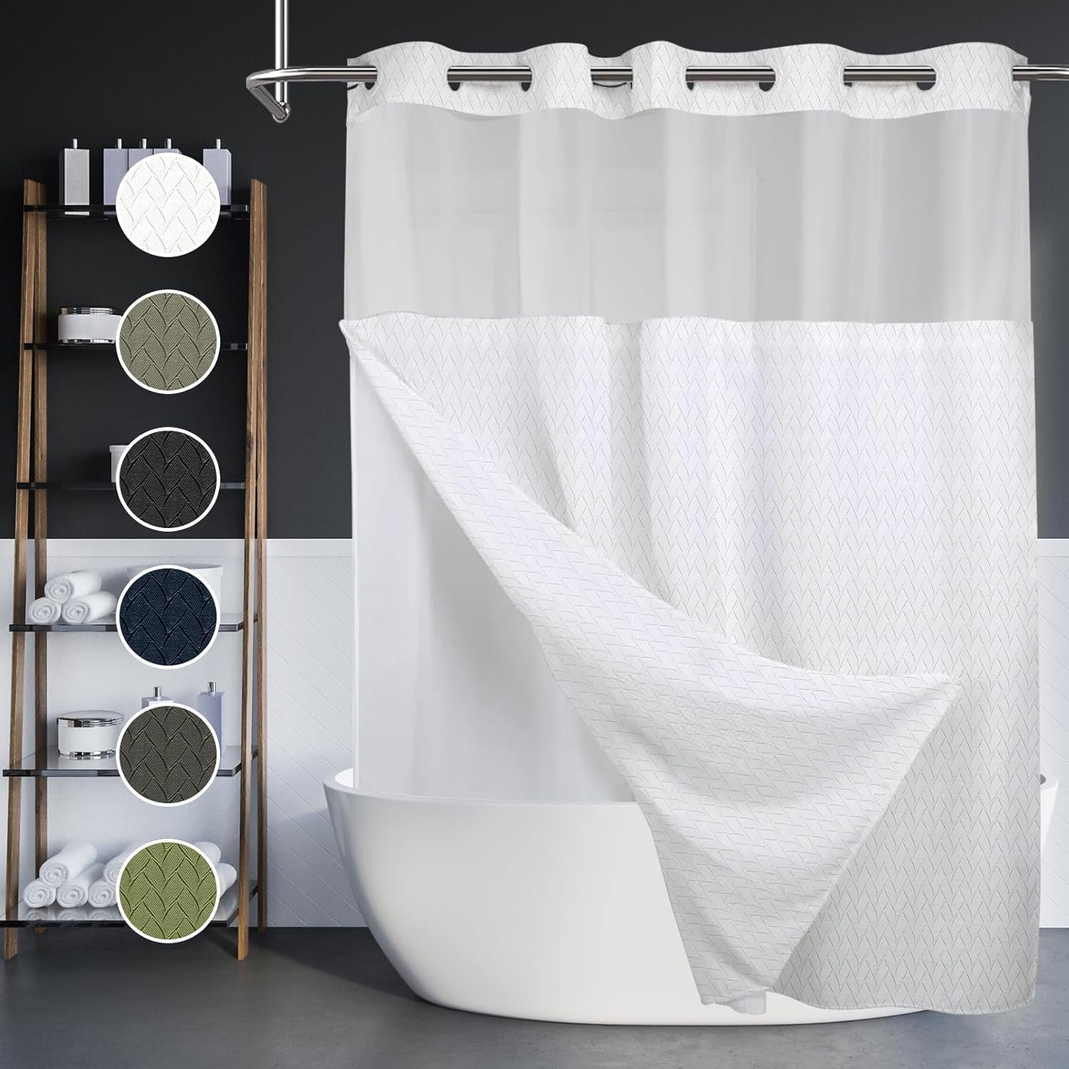 No Hook Shower Curtain with Snap in Liner Set Black Fabric Cloth Modern Shower Curtain for Hotel Bathroom Decor 71x74 Inch