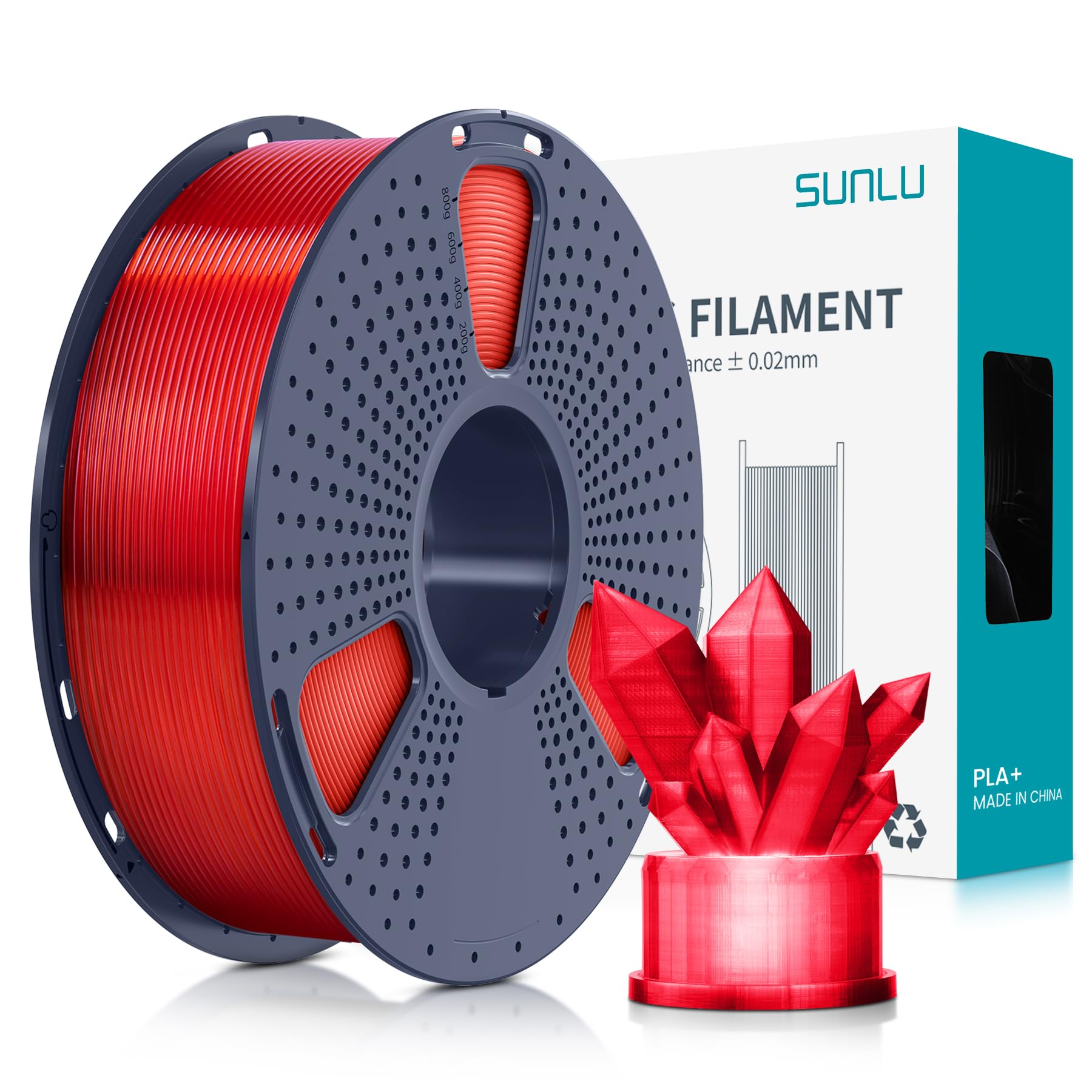 SUNLU Filamento PLA+ 1.75mm per Stampante 3D e Penne 3D, Filamento PLA Plus 1KG,Neatly Wound, Buona tenacità, Precisione di Tolleranza del Filamento +/- 0.02mm,Trasparente Rosso