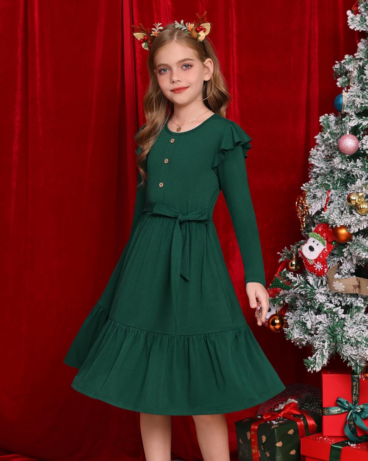 GRACE KARIN Girls Fall Long Sleeve Dress for Girl Rullfe Button Casual Flowy Tiered Dresses with Pocket 6-14Years - Image 4