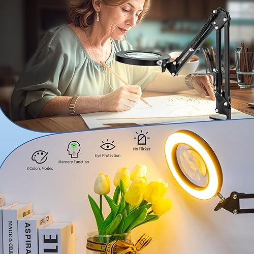 Miniatura 5 de HITTI Lupa 10X con luz y soporte, atenuación continua, 3 modos de color, lupa LED, vidrio iluminado, lámpara de escritorio manos libres con Negro