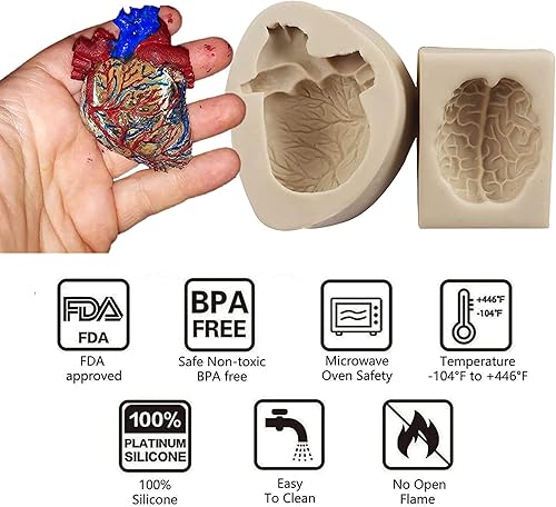 Miniatura 7 de UXIYI Molde para fondant de corazón humano, moldes de silicona para Halloween, cerebro anatómico y corazón, puede hornear torta Cupcake decoración
