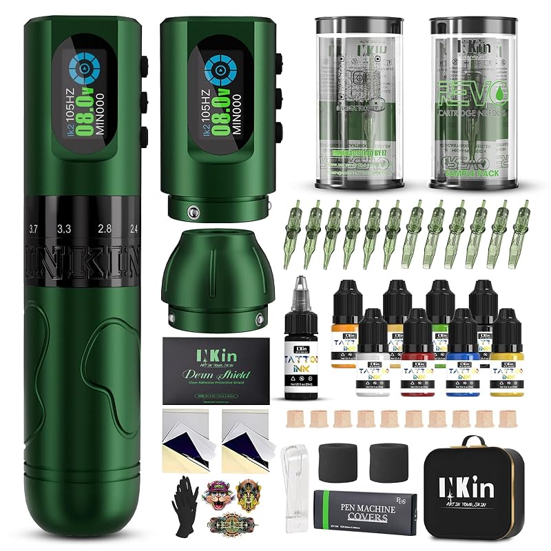 Kit completo para tatuagem INKin Inkflexo com máquina sem fio, curso ajustável de 2,0 a 4,2 mm, duas baterias e estojo
