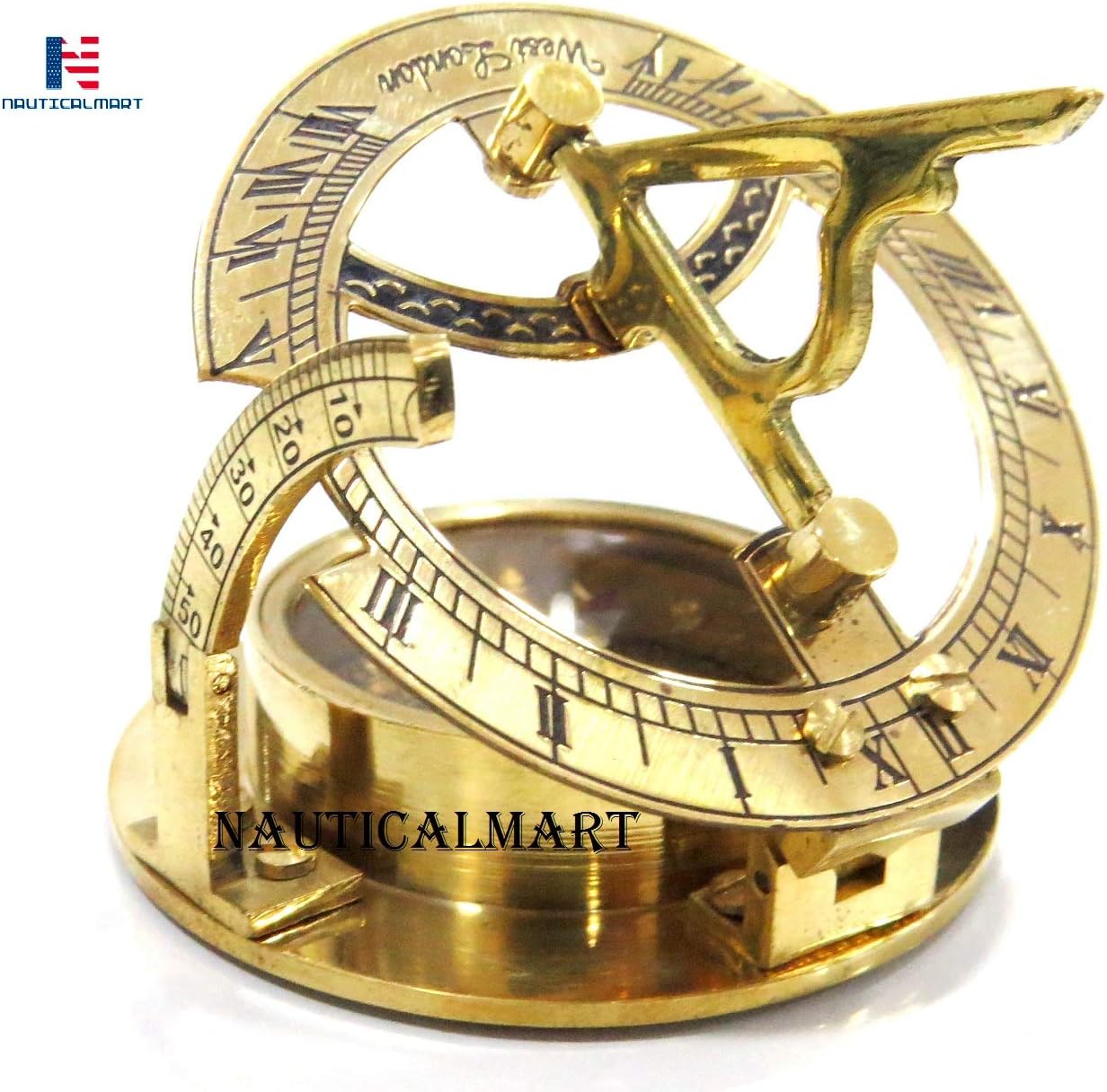 3.5" Sundial Compass with Teak Wood Box Inlaid with Solid Brass