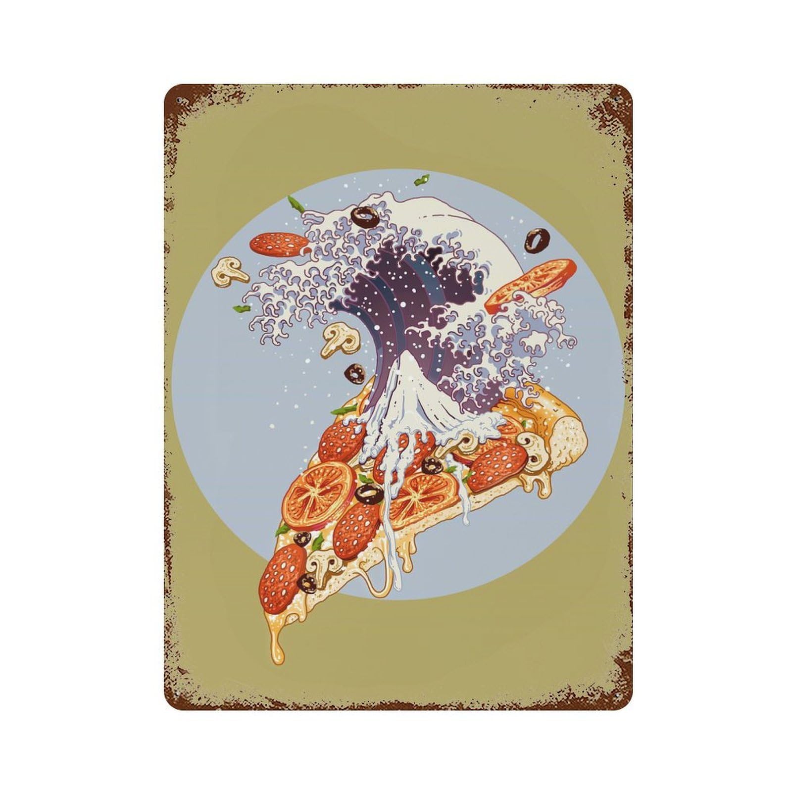KANAGAWA PIZZA Rust Effect Tin Sign 15.7"x11.8", Ideal for Shed, Workshop And Garage Wall Decor