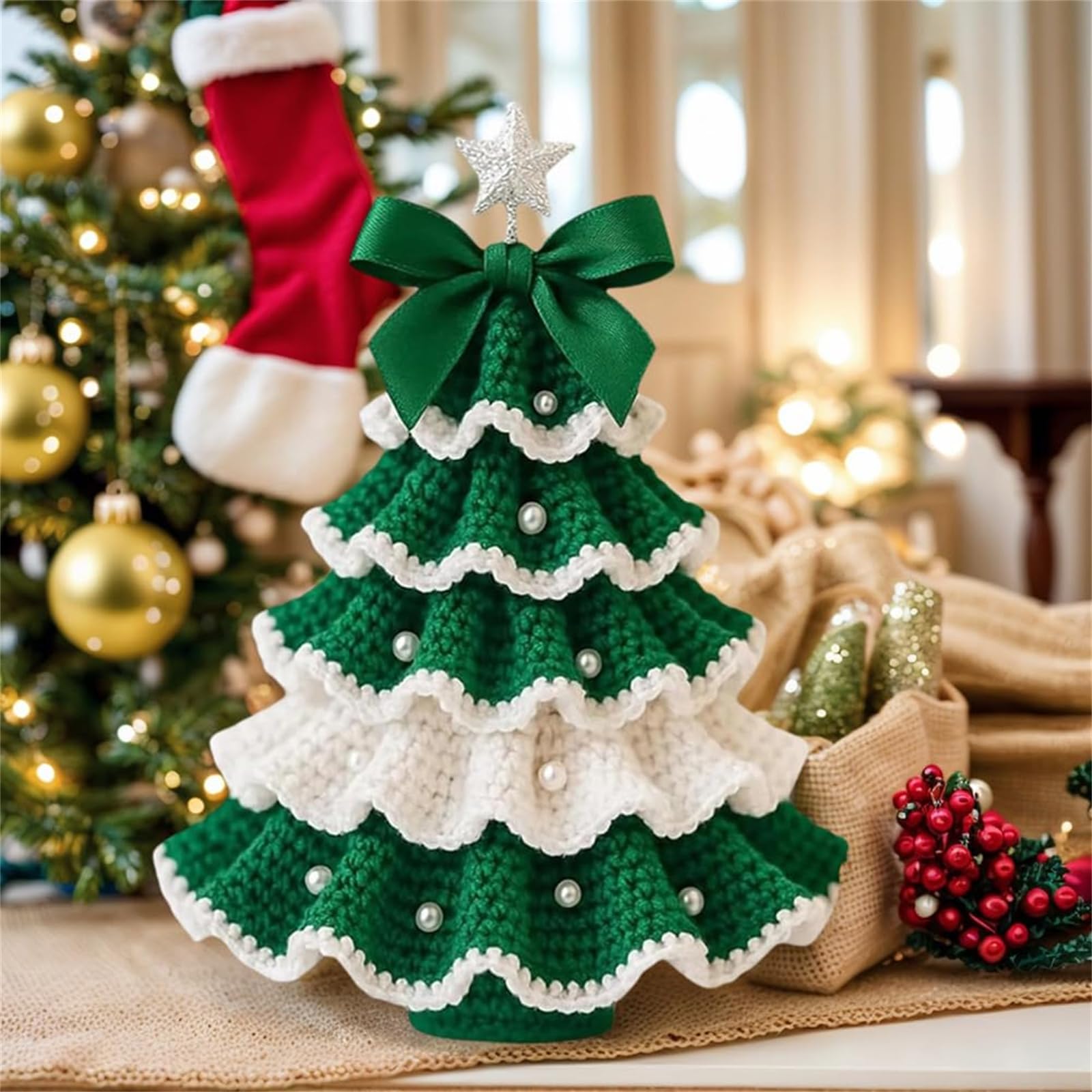 Kit de árbol de Navidad de ganchillo hecho a mano, juego de decoración navideña con lazo y adorno de perlas, perfecto para principiantes