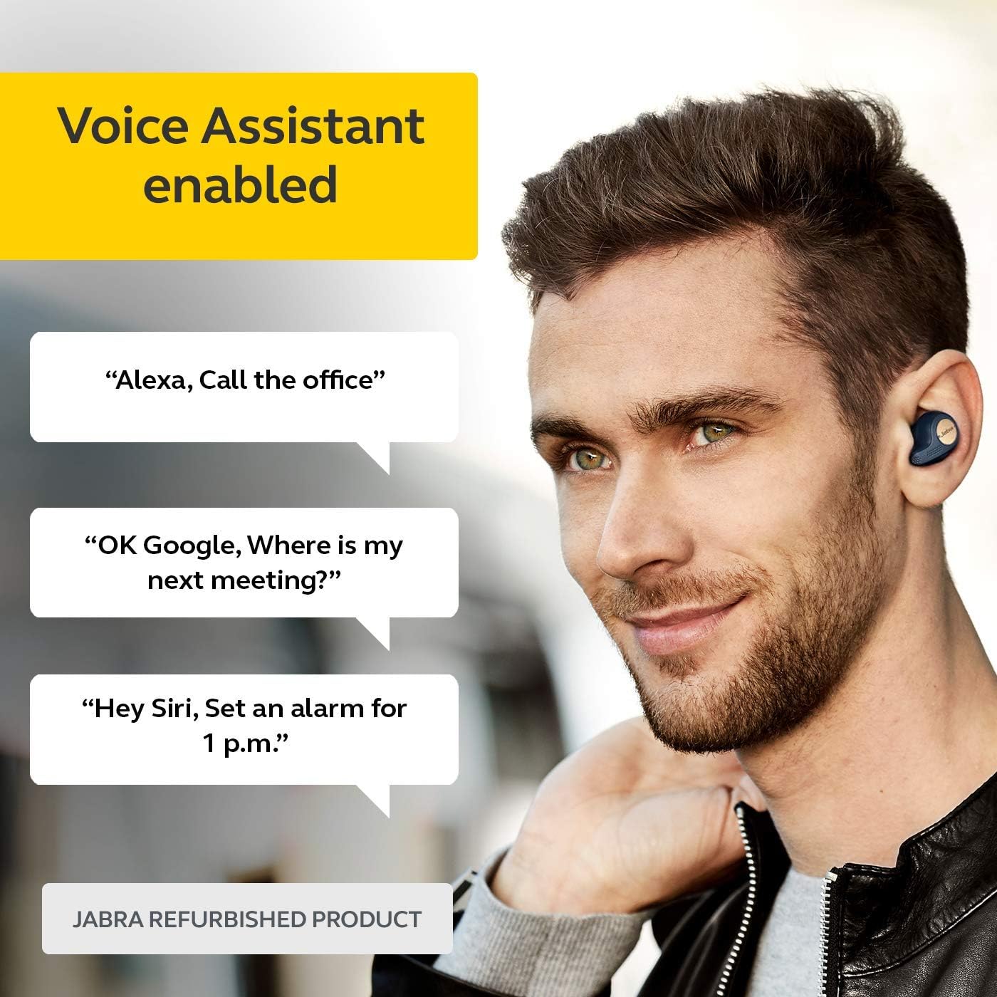 Man wearing Jabra Elite Active 65t earbuds, with speech bubbles showing voice assistant commands