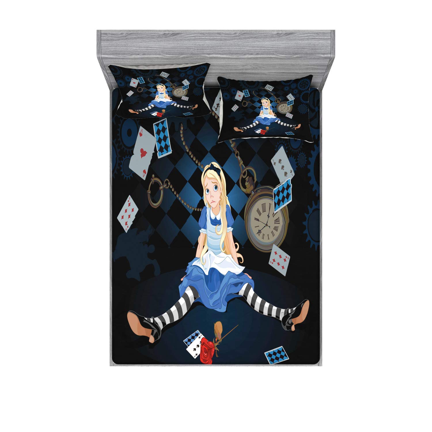Ambesonne Alice in Wonderland Fitted Sheet & Pillow Sham Set, Grown Giant Girl Sitting Flying Cards and Rose Checkered Cartoon, Decorative Printed 3 Piece Bedding Decor Set, Full, Dark Blue