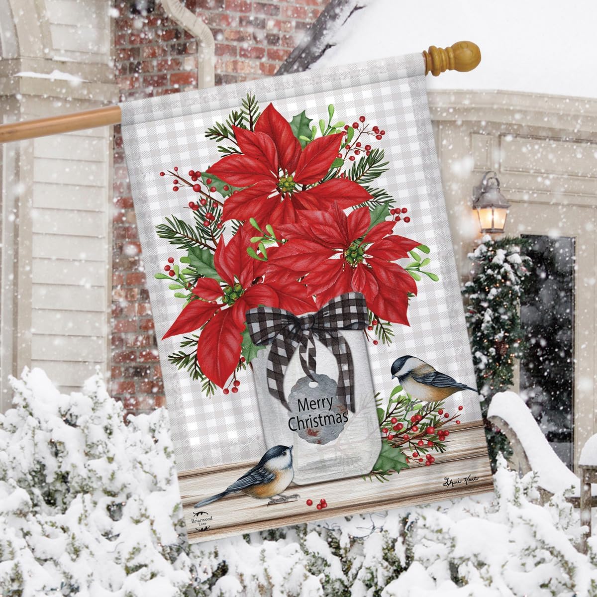 Poinsettia Jar Christmas House Flag Chickadees Checkered 28" x 40" Briarwood Lane