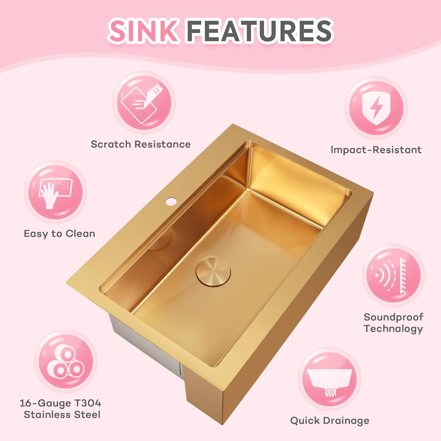 Rhbamoa 30 Inch Gold Farmhouse Sink,16 Gauge T304 Gold Single Bowl Apron Front Farm Sink,10 Inch Depth Topmount Farmhouse Kitchen Sinks with All Accessories