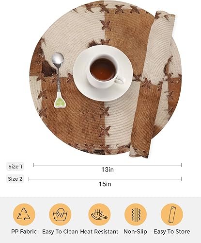 Miniatura 7 de Juego de 2 manteles individuales redondos de piel de vaca, lavables, tejidos, con estampado de piel de vaca, piel de animal de granja, círculos