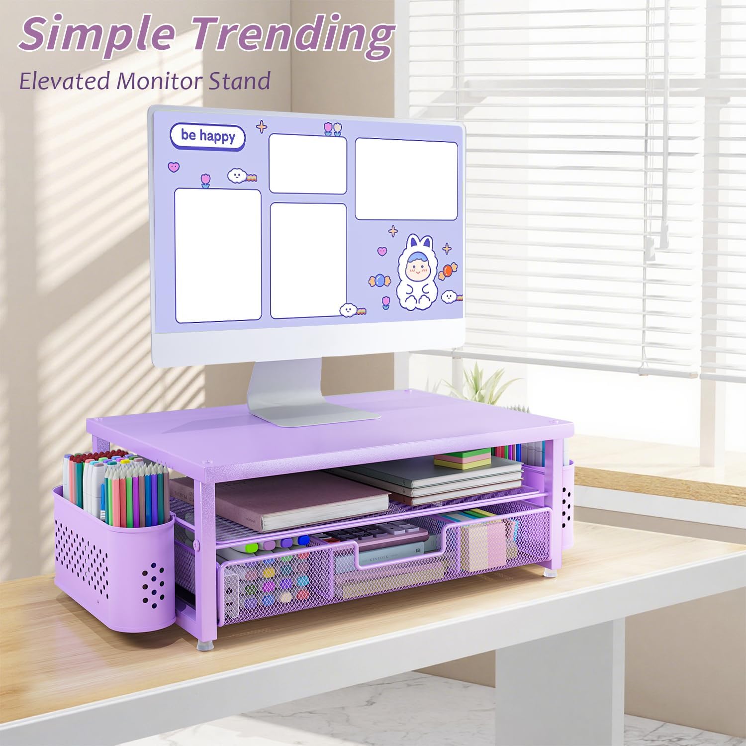 Desk Organizer, 2-Tier Monitor Stand with Storage and 2 Pen Holder, Laptop Stand, Office Desk Accessories for Office Supplies, Purple