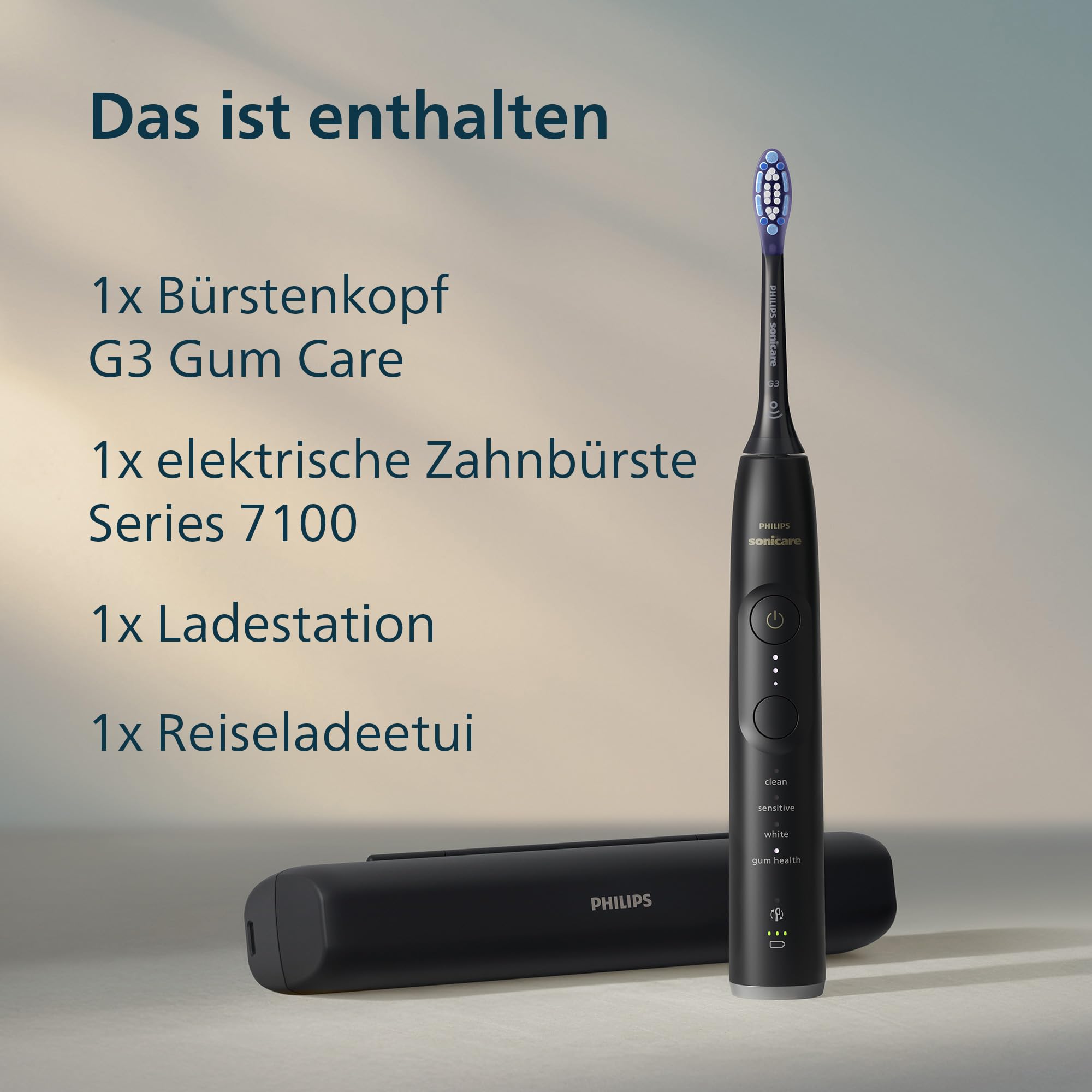 Philips Sonicare 7100 elektrische Zahnbürste, Schallzahnbürste mit App, 4 Putzmodi und 3 Intensitätsstufen, Andruckkontrolle, EasyStart, SmarTimer, Schwarz, Modell HX7421/08 [Neue Technologie]