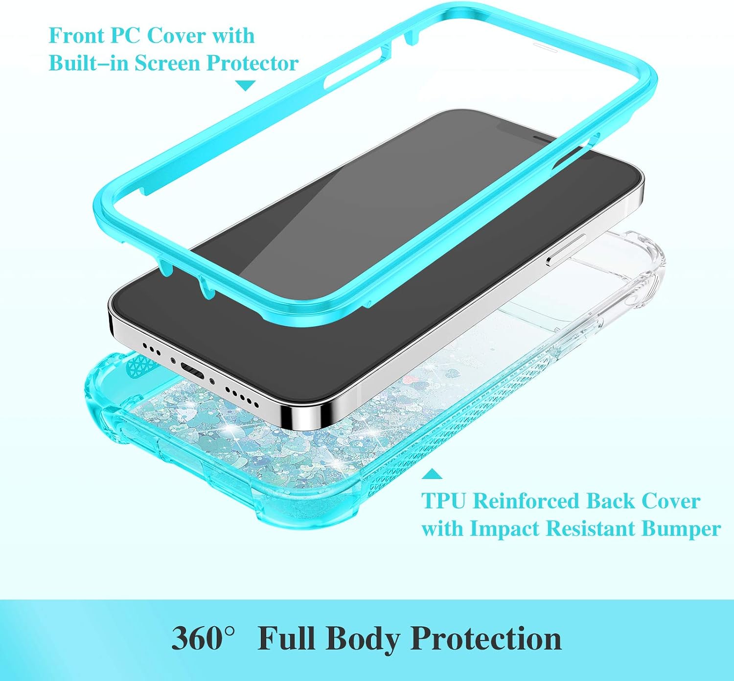 Ruky iPhone 12/iPhone 12 Pro Glitter Case, Full Body Rugged Liquid with Built-in Screen Protector Shockproof Protective Girls Women Phone Case for iPhone 12/iPhone 12 Pro 6.1”, Gradient Teal