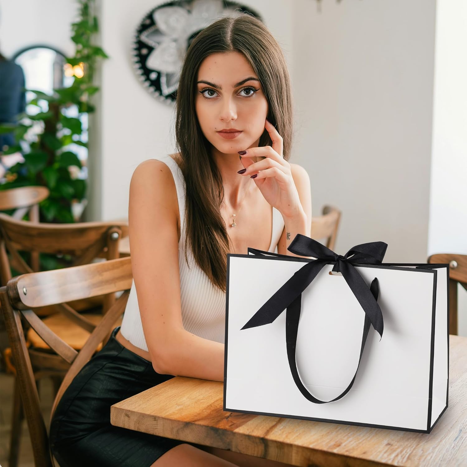 STOBOCTER 6 Pcs Elegant Paper Gift Bags with Handles 12.6x4x9.1'' Thank You Gift Bags with Bow Ribbon Gift Wrap Bags for Wedding Bridesmaid Groomsmen Party Baby Shower Birthday Gifts(White, Black) - Image 7