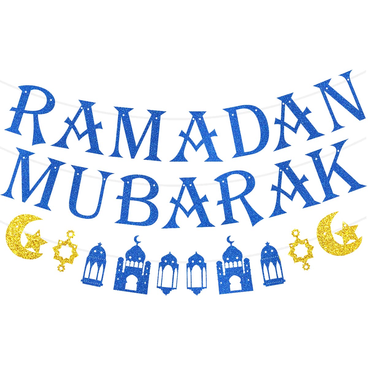 Ramadan Decorations, Ramadan Mubarak Banner for Home Glitter Ramadan Bunting Ramadan Banner for Islamic Party Decorations - Blue