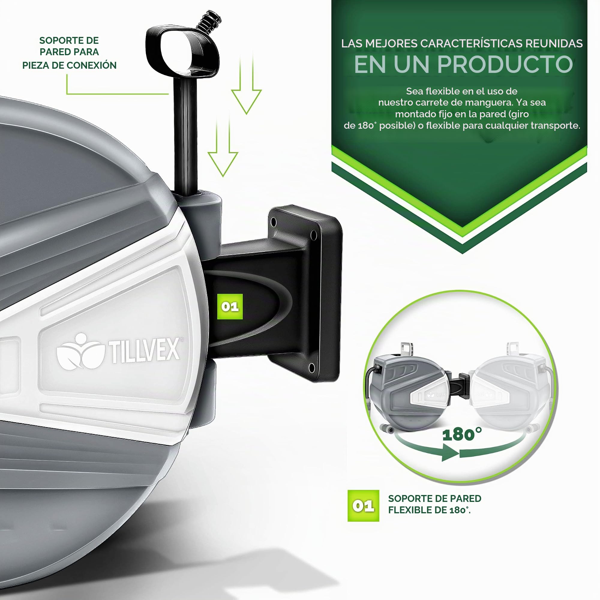 tillvex Carrete para Manguera de agua 15+2m con soporte de pared | Enrollador de manguera con pistola manual y manguera de jardín | Caja de manguera para pared con enrollado automático