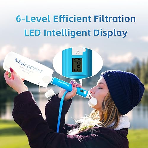 Miniatura 4 de Filtro de agua de gravedad con bolsa de 2 galones y pantalla LED, purificador de agua de supervivencia portátil para viajes, mochileros y