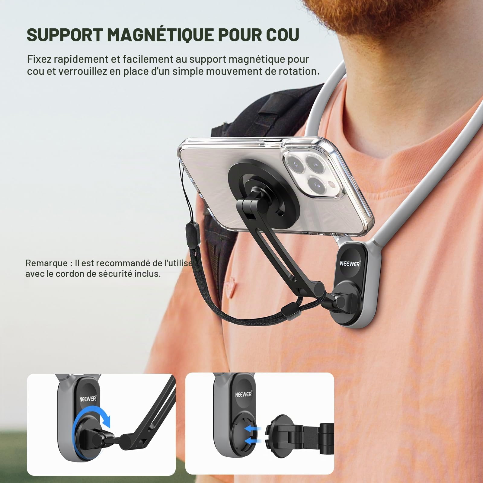 Neewer Support de Cou magnétique pour caméra/téléphone, Mains Libres,Support de Poitrine Compatible avec GoPro DJI Insta360 iPhone15 Android, Support de Cou pour téléphone pour POV Vlog, Gris, GP16