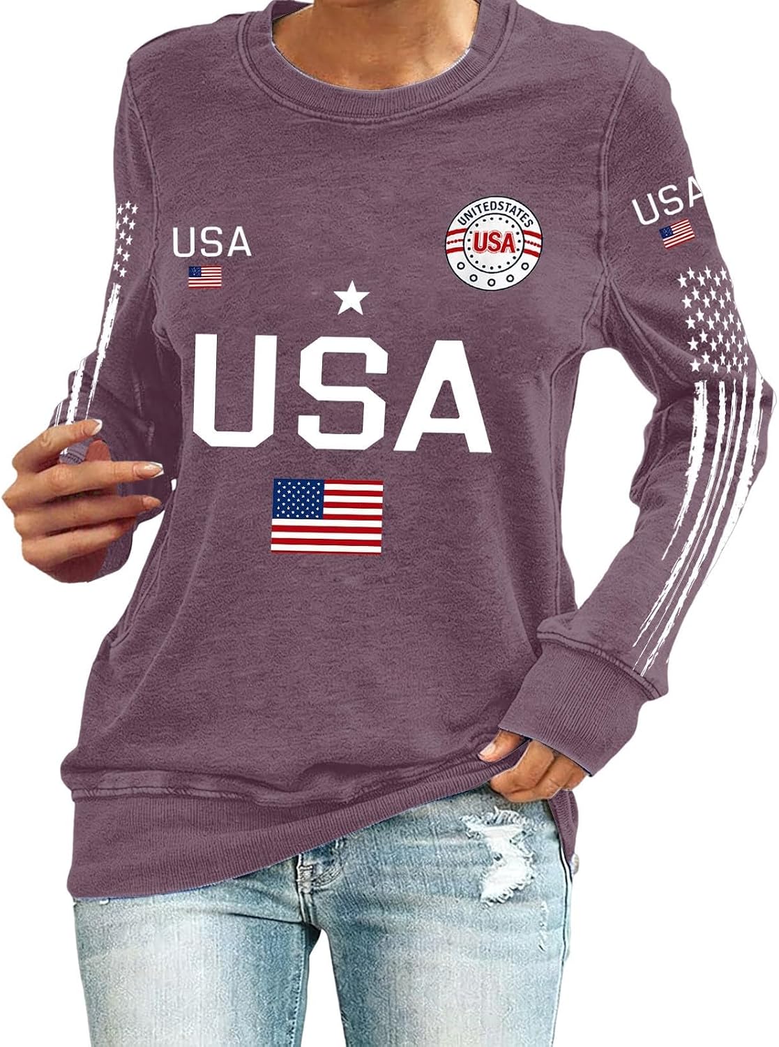 Women's American Flag Shirts, 4Th of July Shirts, Long Sleeve Crewneck Patriotic Tops, S-3XL