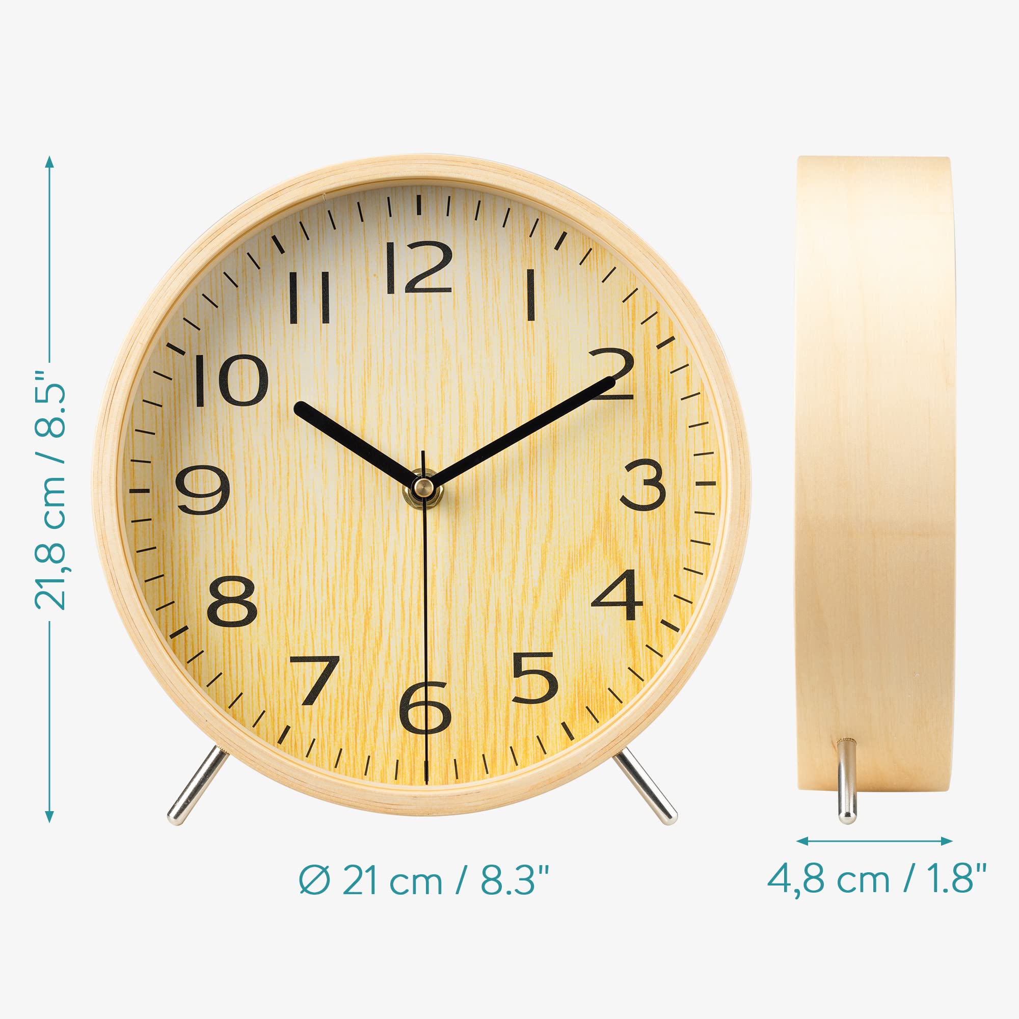 Navaris Reloj de Mesa analógico - Reloj clásico de Madera 21 CM - Decorativo para mesilla de Noche salón - Diseño tictac sin Ruido - Marrón Claro