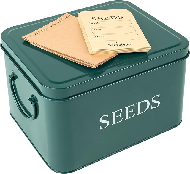 Deerstone Seed Packet Storage Box. Metal Garden Seed Tin Organiser for Gardeners with Monthly Dividers & 10 Envelopes. Powder Coated Steel Green