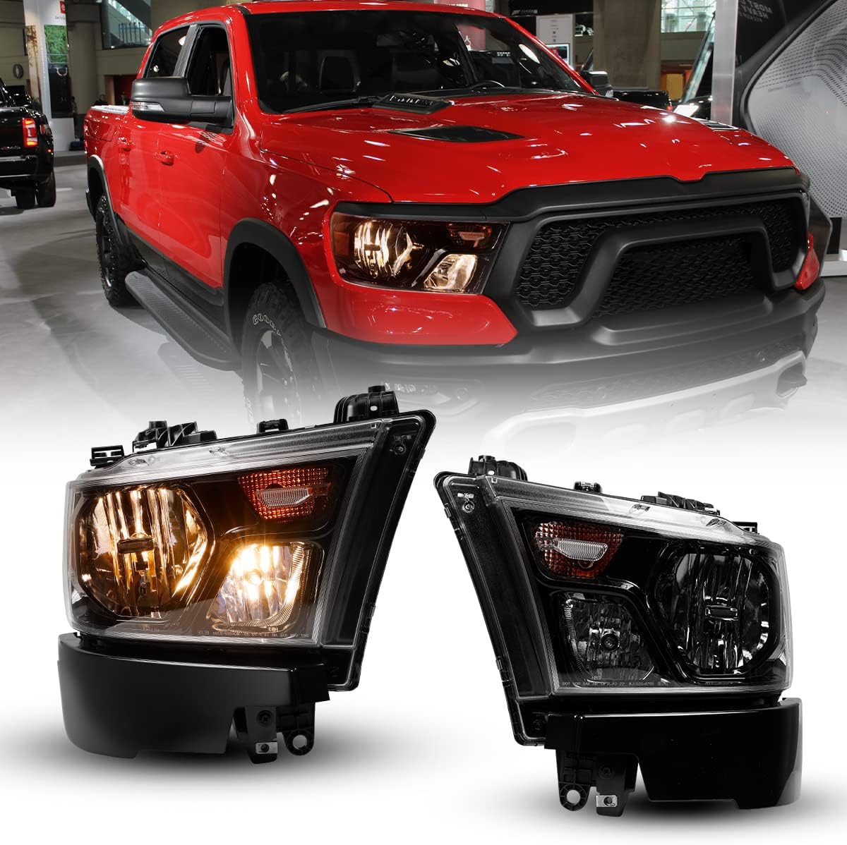 Winjet Headlight Assembly for 2019 2020 2021 2022 2023 2024 Dodge Ram 1500 Halogen Model Only, High Low Beam, Turn Signals, Amber Safety Reflector Ram Headlights (Chrome Housing/Clear Lens)