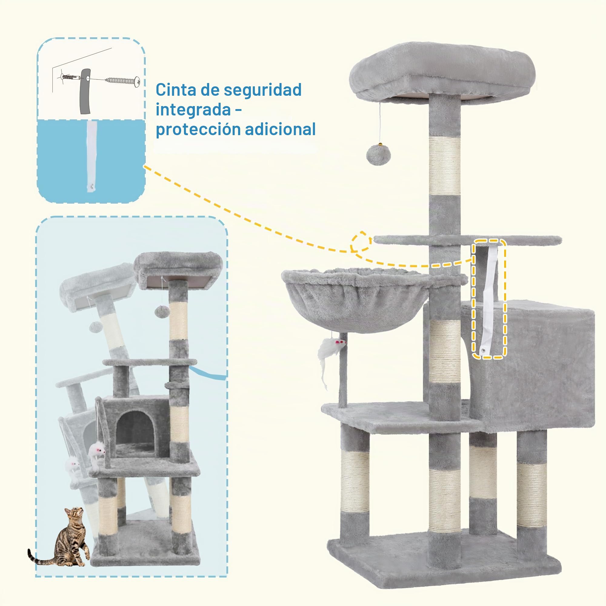 Hey-brother Árbol para Gatos, Árbol Rascador para Gatos, con Cama de Plataforma con cojín, Pelota de Juguete,Cueva cómoda, Hamaca y Poste de Arañar, Gris Claro 0EMPJ004SW-N-