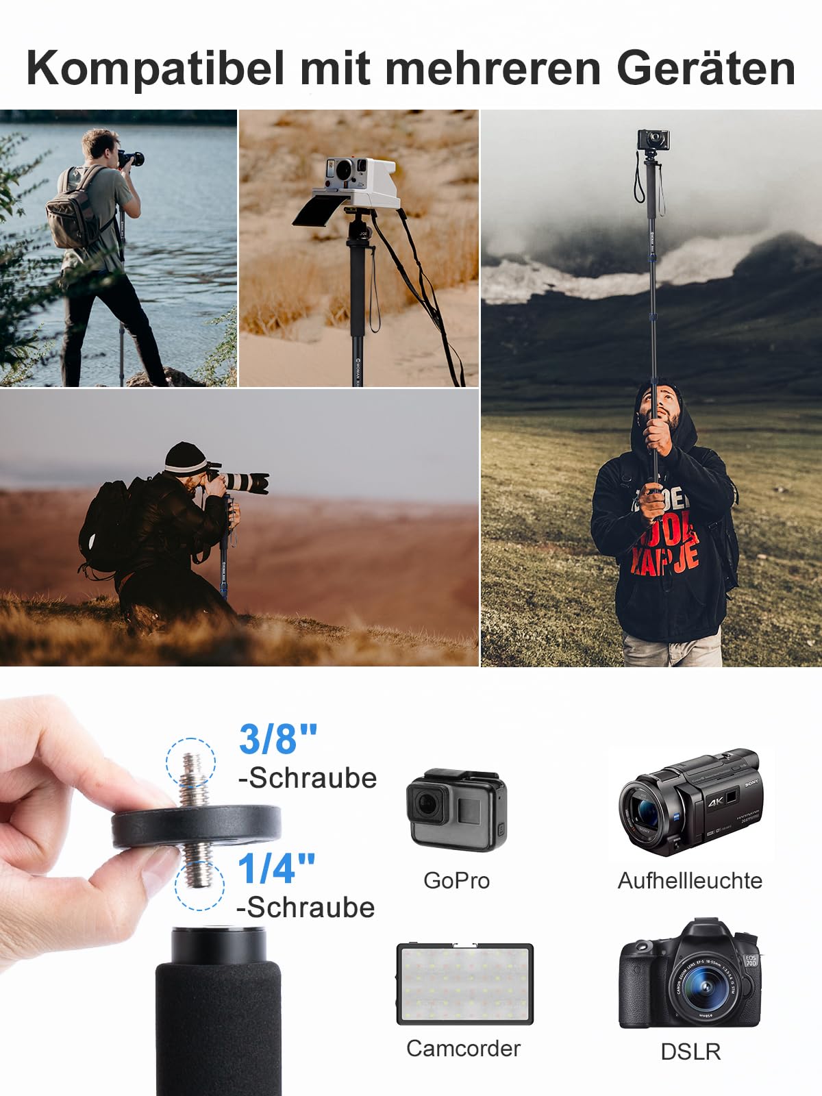 Moman Einbeinstativ Kamera Stativ Einbein Reisestativ mit Standspinne, DSLR Monopod Wanderstock, 0,64kg mit Stativfuß, Leicht Tragbar Aluminium Bergstock, max. 165cm, 360 Grad drehbar 5-10kg Nutzlast