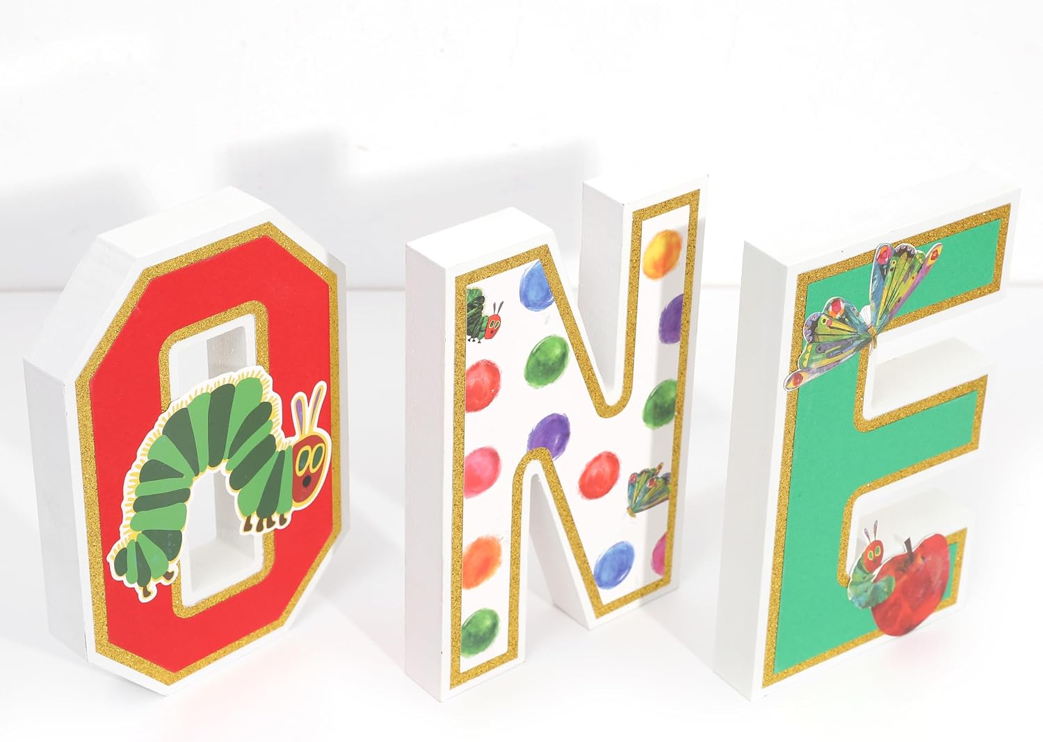 The Very Hungry Caterpillar ONE Sign- First Birthday Decorations For Boy Girl,Gold Glitter Apple Party Decor, 3D Standing Letters,Caterpillar Highchair Banner Photo Backdrop,Fruit 1st Year Baby Shower