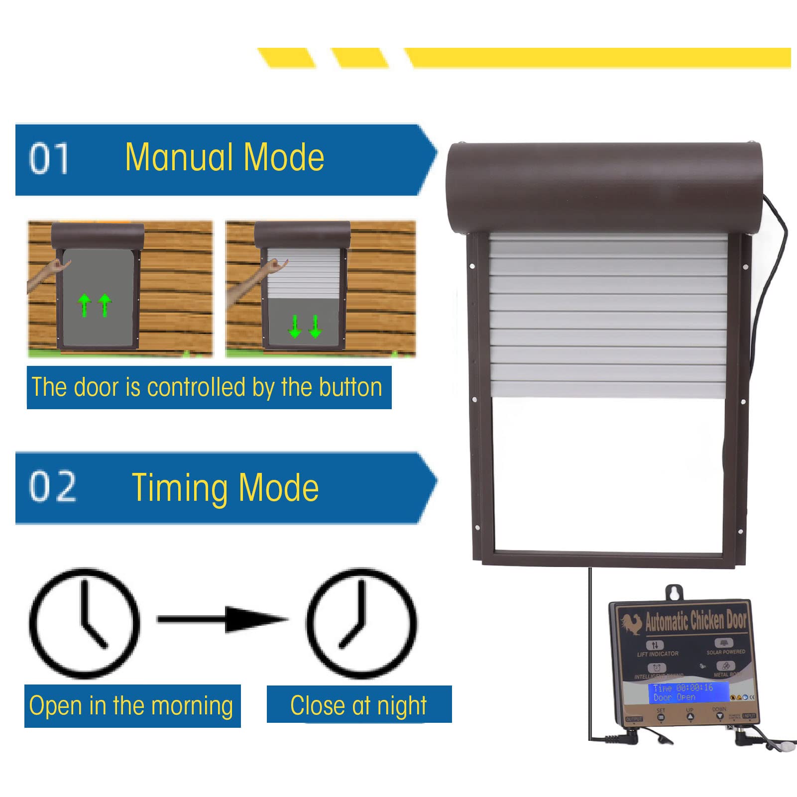 ciciglow Puerta Automática de Gallinero, Abridor de Puerta de Gallinero Automático Eléctrico, Puerta Avícola Automática Alimentada por Batería con Adaptador de Corriente, (Marrón)