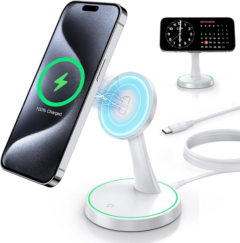 Magnetic Wireless Charger Stand 15W Fast Mag-Safe Charger for iPhone 17 /17 pro/ 17 Air/ 17 pro max 16/15/14/13/12 Series Magnet Wireless Charging Station/Pad with Sleep-Friendly Light for AirPods