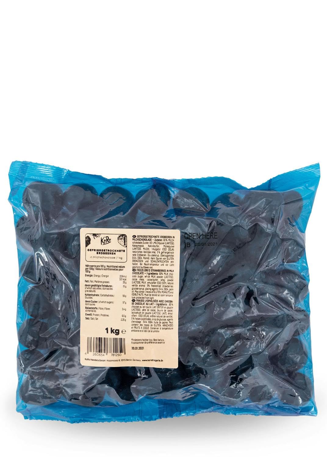 KoRo - Fraises lyophilisées au chocolat au lait 1 kg - Fruité et croquant - Snack dans un paquet avantageux