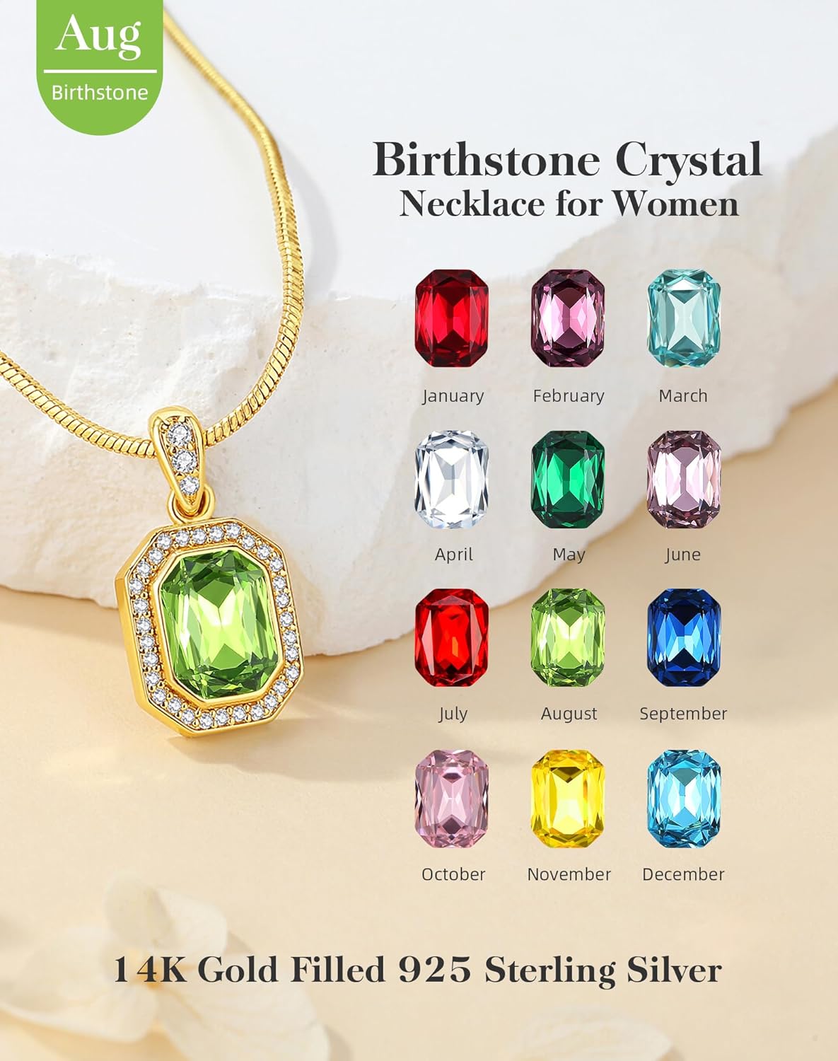 Valentine's Day Gifts for Her 14K Plated Gold Necklace for Women Square Crystal Necklace with Snake Chain Gold Jewelry for Womens Birthday Gifts for Wife Birthstone Necklaces for Wife Jewelry for Girlfriend Gift for Anniversary Wedding Valentines Mother's Day - Image 3