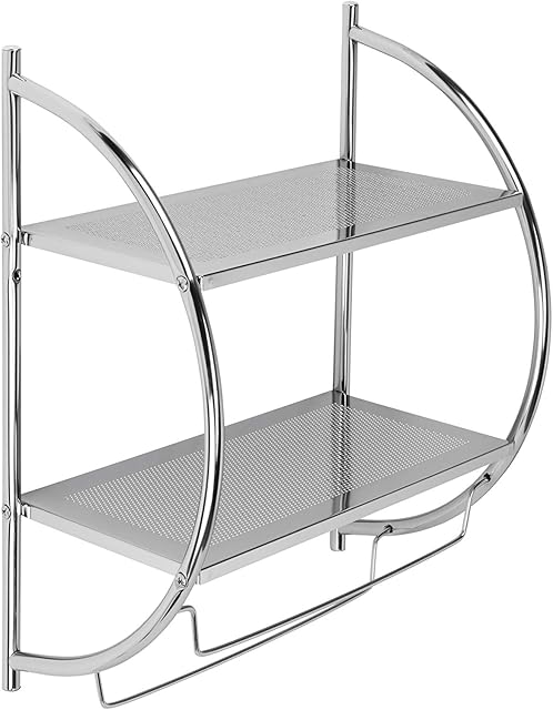Croydex QM262041 Chrome Plated Mild Steel Wall Mounted Curved Shelving Unit and Towel Rack , 25.5 x 45 x 54.3 cm
