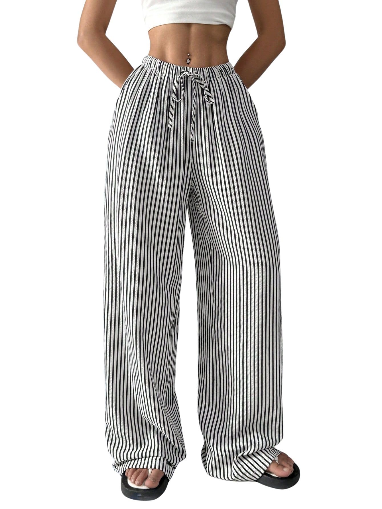 Verdusa Womens Striped Linen Pants Straight Leg Casual Lounge Pants with Pockets