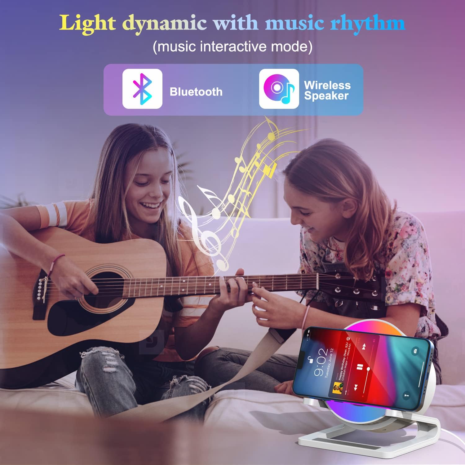 doopo Night Lights Bluetooth Speaker,Wireless Charger 15W with Phone Holder, Touch Control Bedside Lamp Dimmable with Dynamic Colored Music Light, Gifts for Teenage Girls Boys Room Decor - Image 3