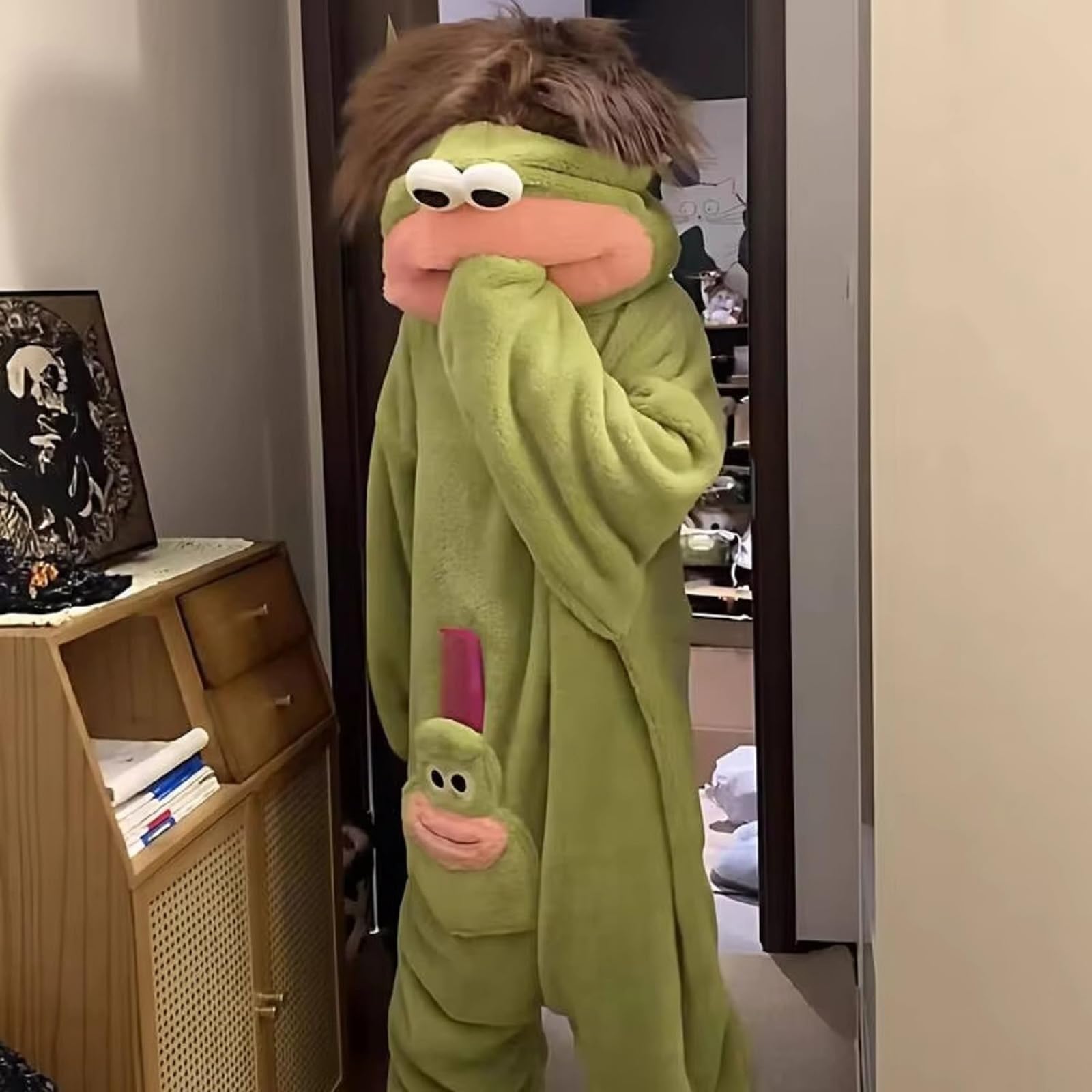 ZVD Fleece Pajamas Adults Lustiger Schlafanzug Einteiler Cute Cozy Full Body Sleepwear Funny Animal Costume Loose Warm Soft Lustiger grüner Monster-Hoodie aus kuscheliger