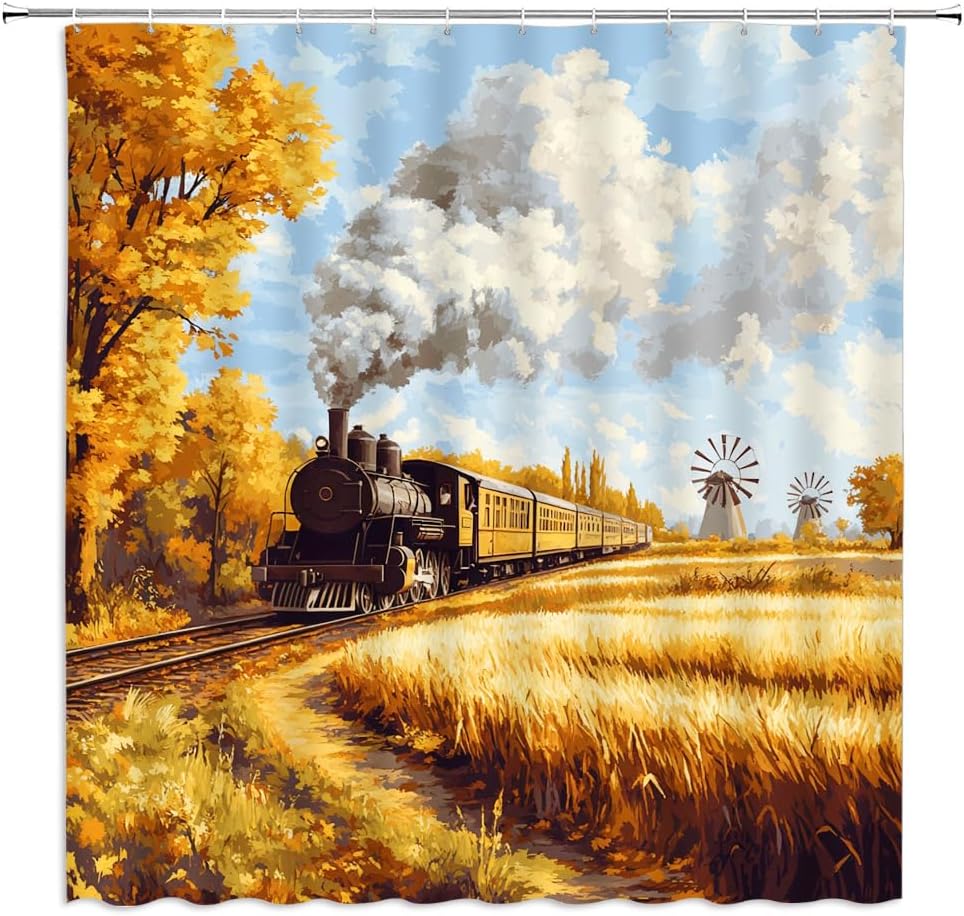 Country Rustic Steam Engine Shower Curtain Vintage Train Railway Fall Autumn Scenery Bathroom Decor Curtains Set with Hooks, 90" W x 70" H