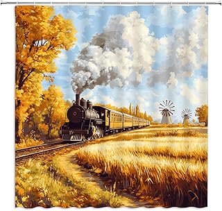 Vintage Train Shower Curtain Steam Engine Railway Autumn Scenery Country Rustic Fall Bathroom Decor Curtains Set with Hooks, 70" W x 70" H