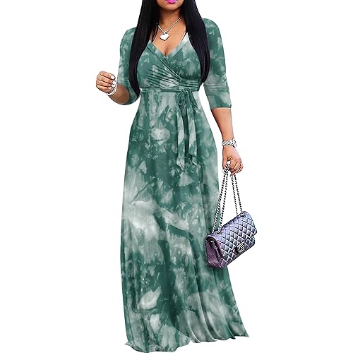 FANDEE Women Print Maxi Dress V Neck 3/4 Sleeve for Women Casual Tie Waist Belted Dresses