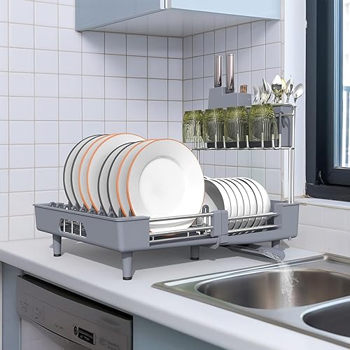 Ollieroo Escurridor de platos, resistente al óxido para encimera de cocina con soporte extraíble para utensilios, ranuras para cuchillos y soporte