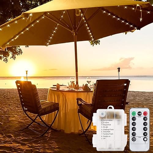 Miniatura 9 de Tira de luces para sombrilla de patio, impermeable, 104 LED, control remoto, 8 modos, funciona con pilas, decoración colgante, luces de poste para