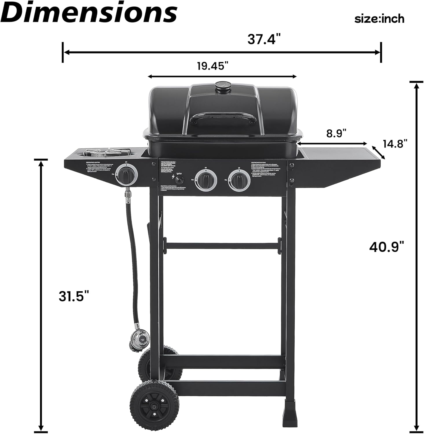 Black 2 Burner Propane Gas BBQ Grill with Side Burner, 24000 BTU Output Stainless Steel Barbecue Grill with Enameled Grates and Side Tables for Outdoor Cooking Patio Backyard (2+1)